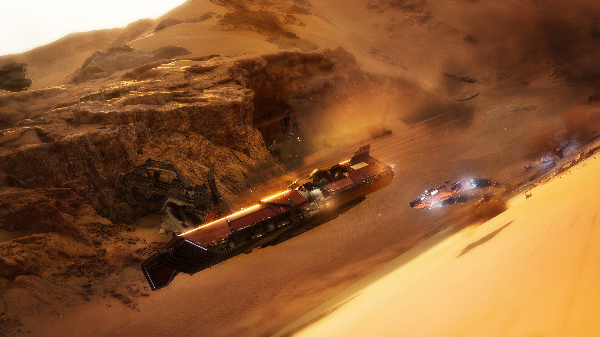 Official Star Wars: Galactic Racer screenshot of racers speeding across a desert canyon