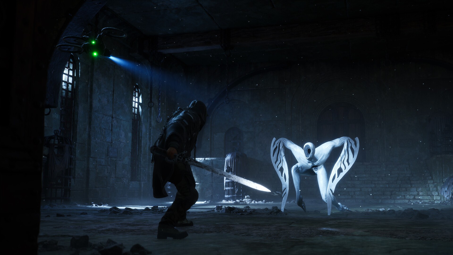 Official Hell Is Us screenshot of the player fighting a pale, glowing creature in a dark stone corridor