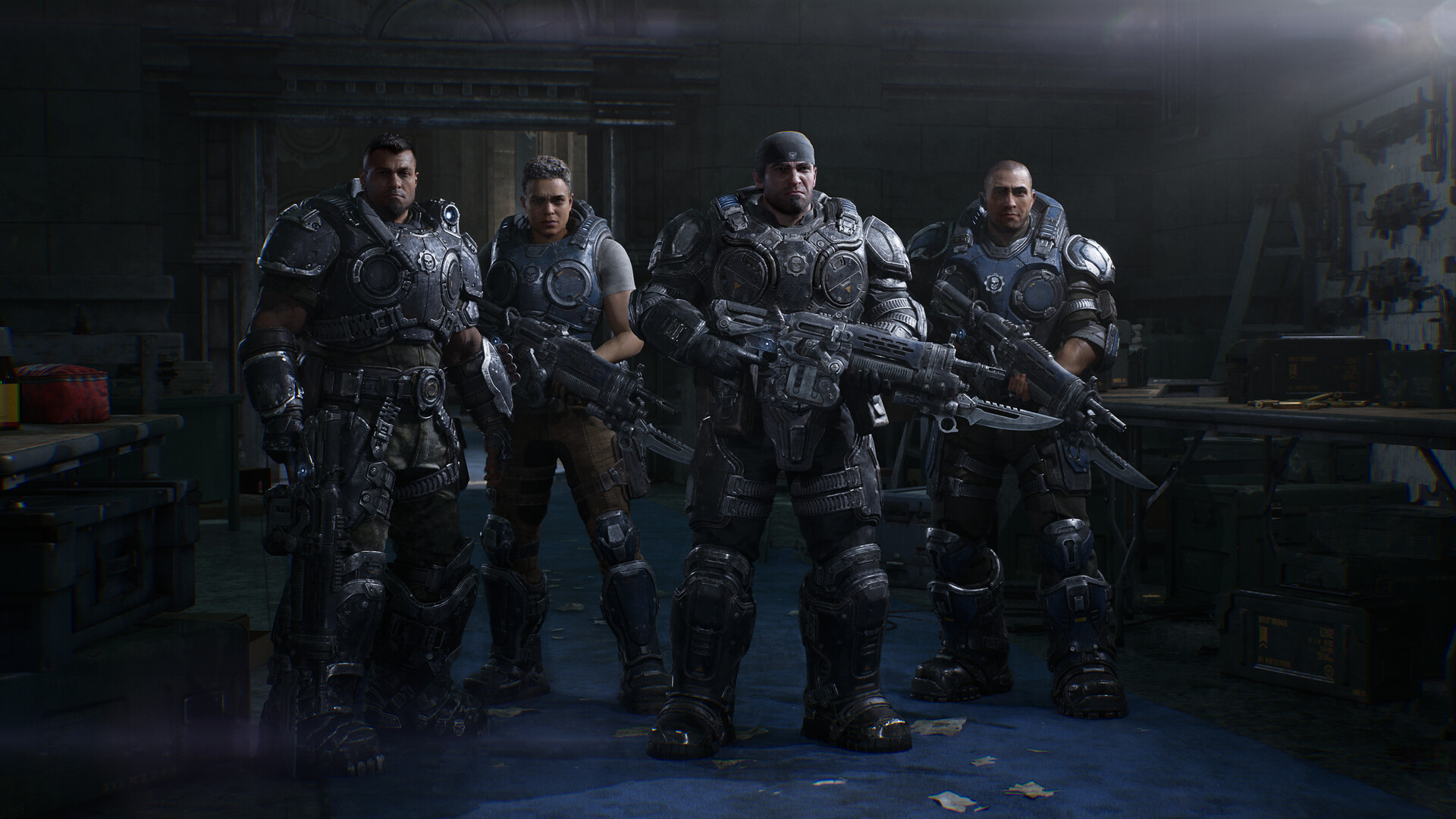 Official Gears of War: E-Day gameplay screenshot of COG soldiers fighting through the ruined city of Kalona