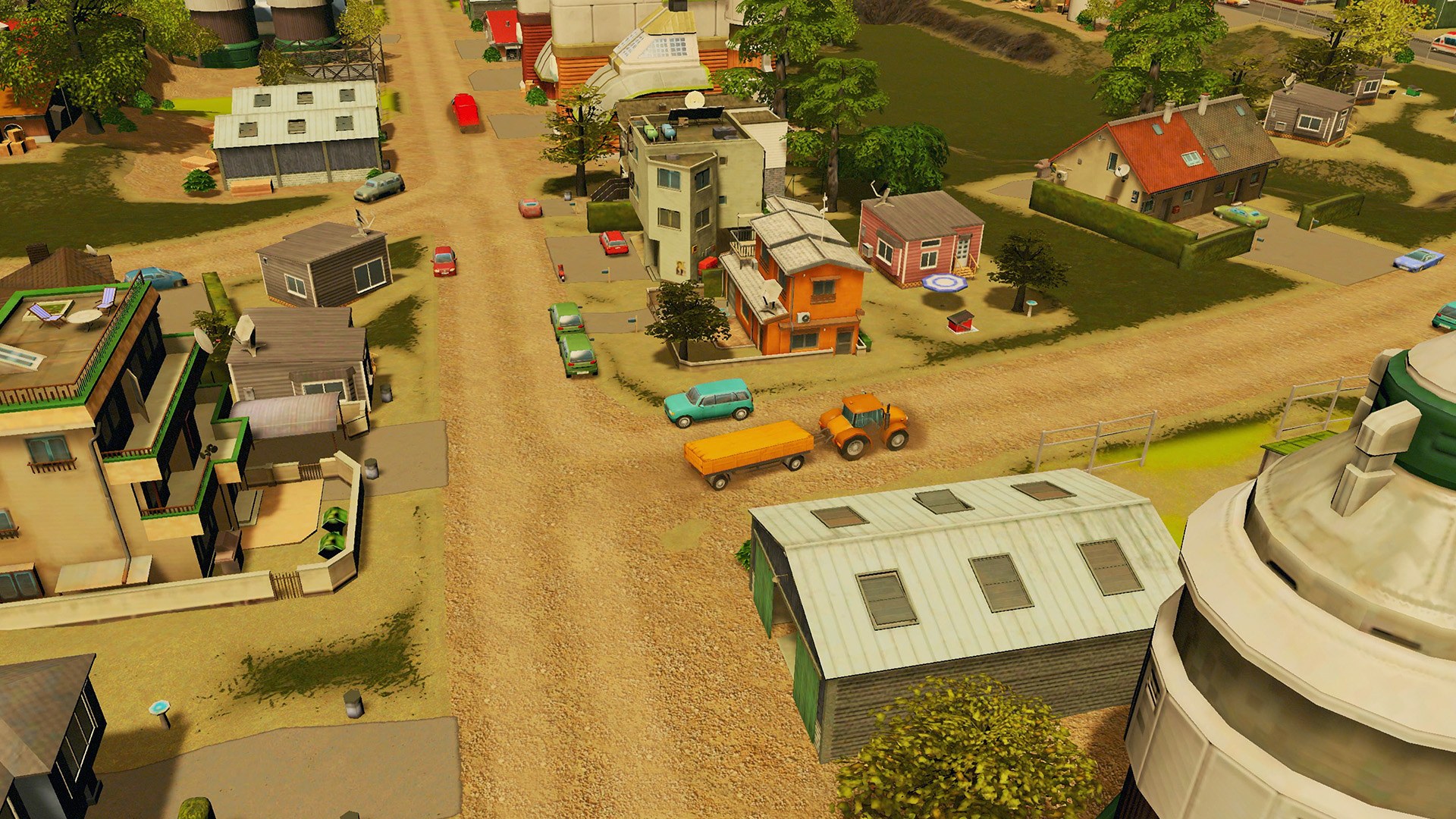 Close view of a small Cities: Skylines town with houses, roads and trucks