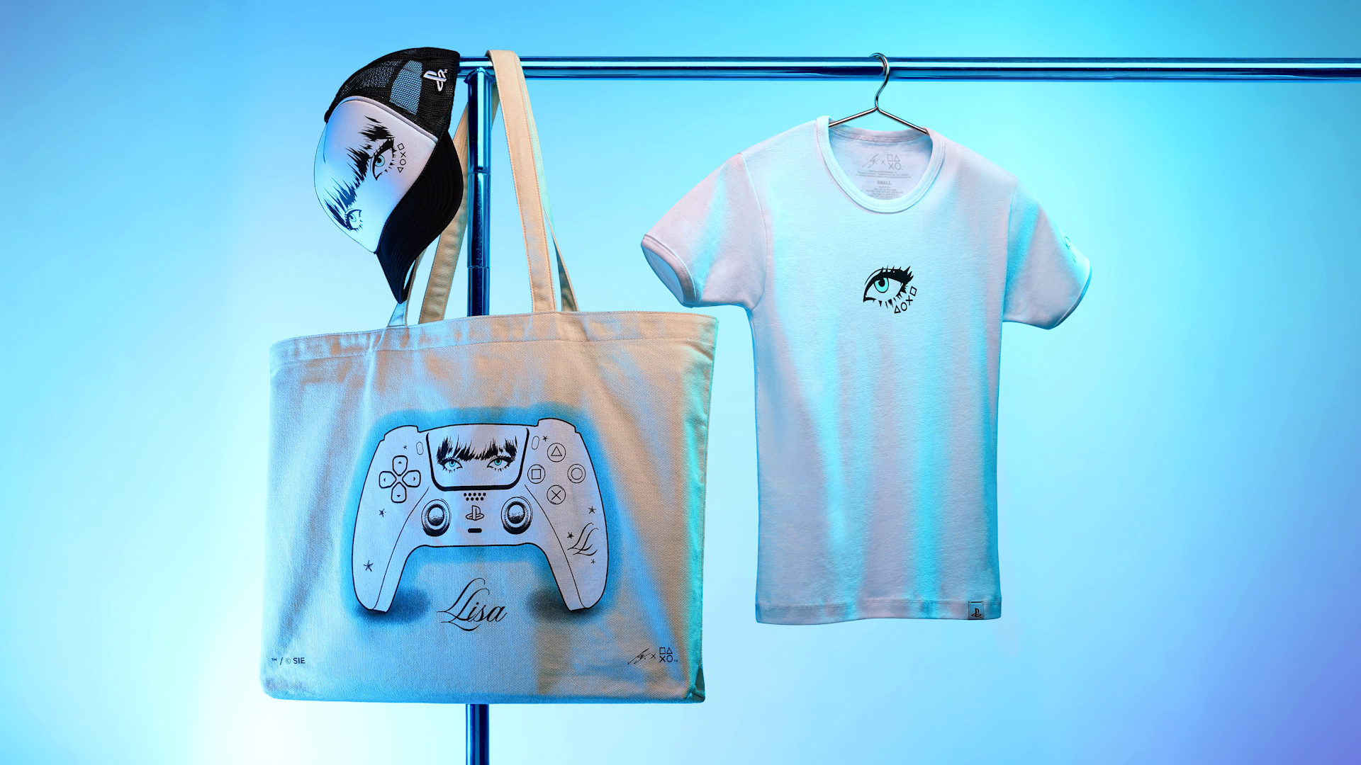 Official LISA x PlayStation apparel and tote bag on a rack