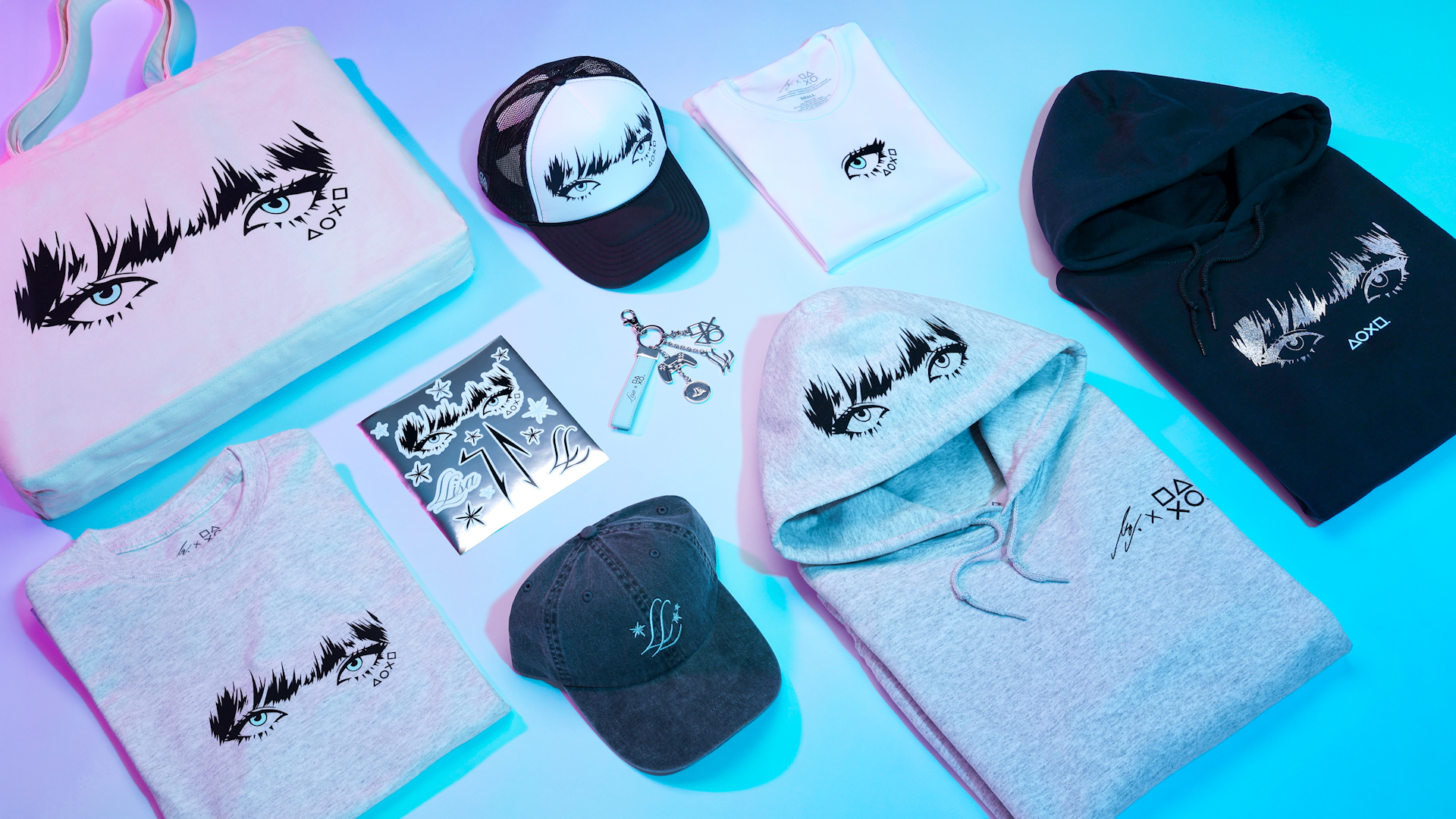 Official LISA x PlayStation merchandise flatlay including apparel, hats, and accessories