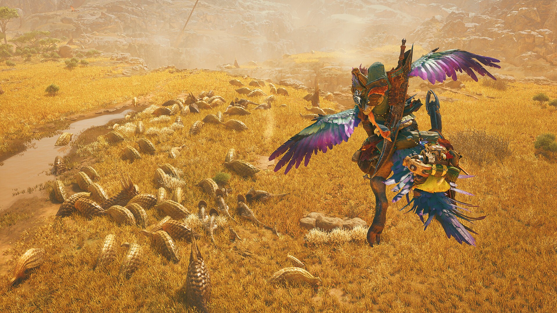 Official Monster Hunter Wilds landscape and Seikret traversal screenshot