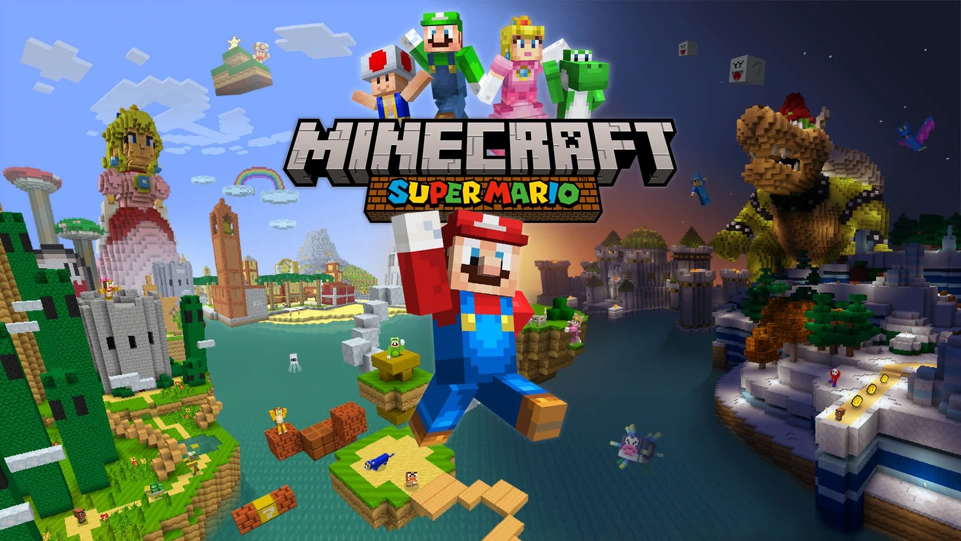 Minecraft Super Mario Mash-Up artwork with Mario, Luigi, Bowser and Peach’s Castle in blocky form