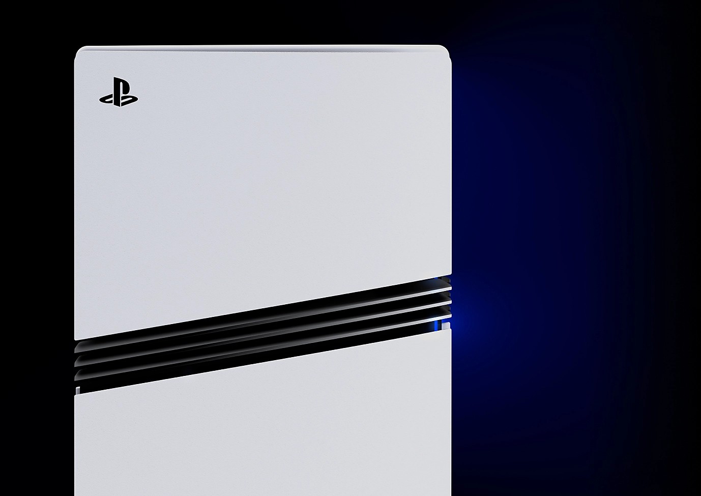 Close-up of the PS5 Pro console’s white panels and black vent stripes