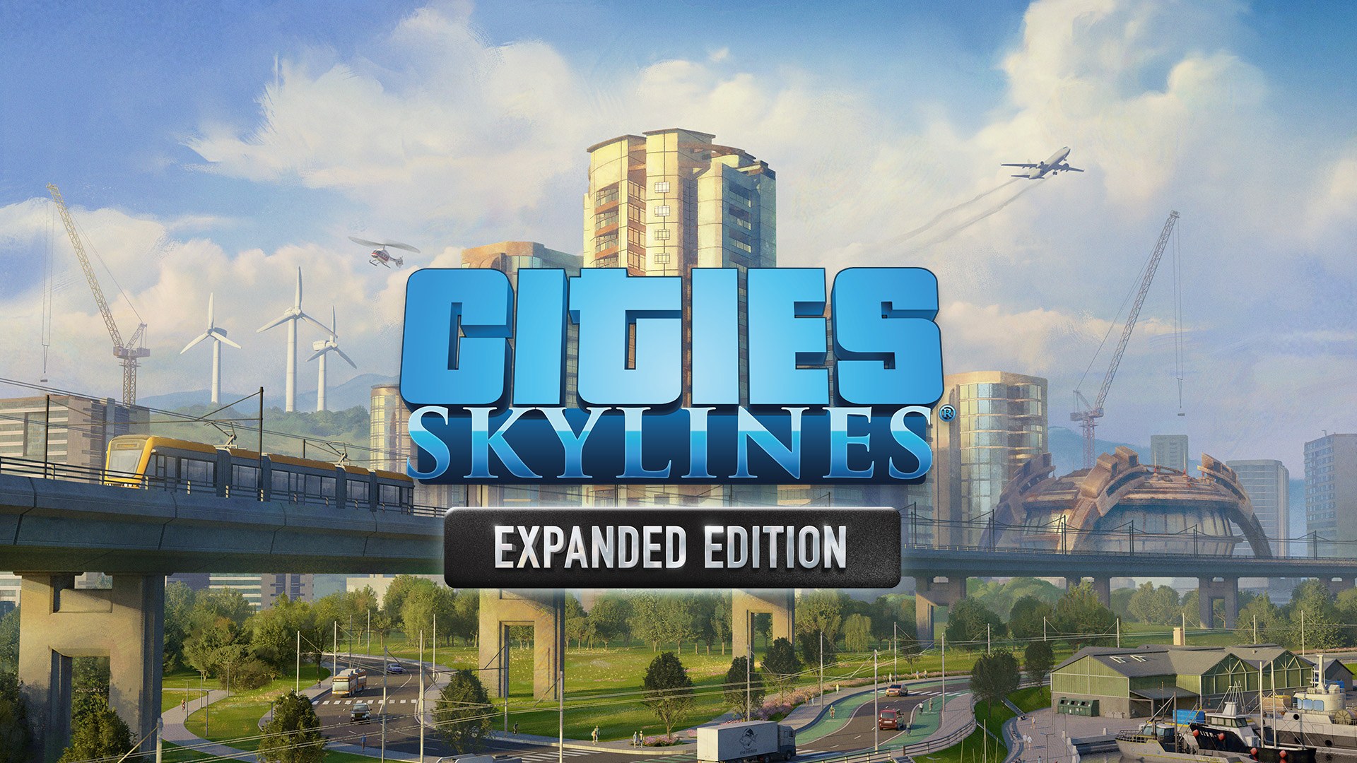Cities: Skylines Expanded Edition key art showing a city with an elevated train, wind turbines and high-rise towers