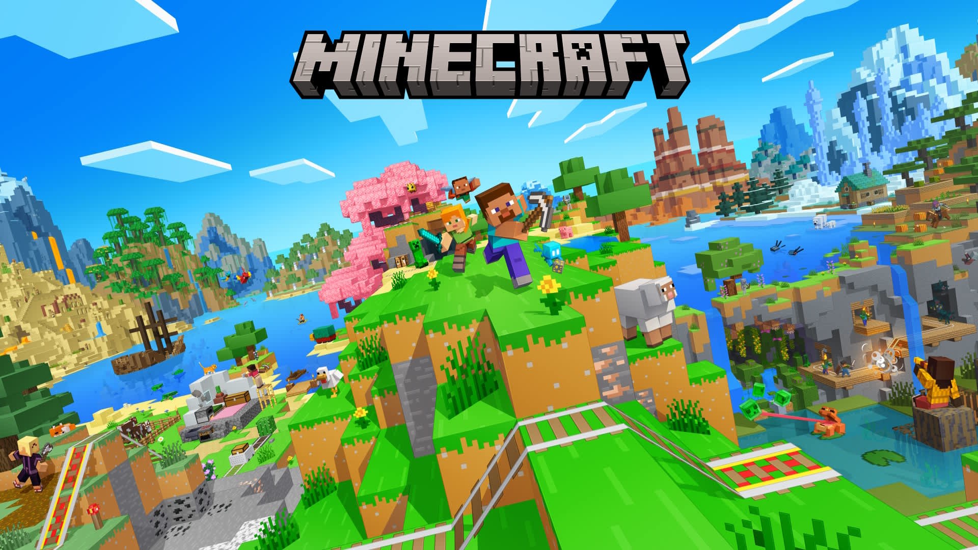 Minecraft key art showing players, animals and a colorful blocky landscape under the Minecraft logo