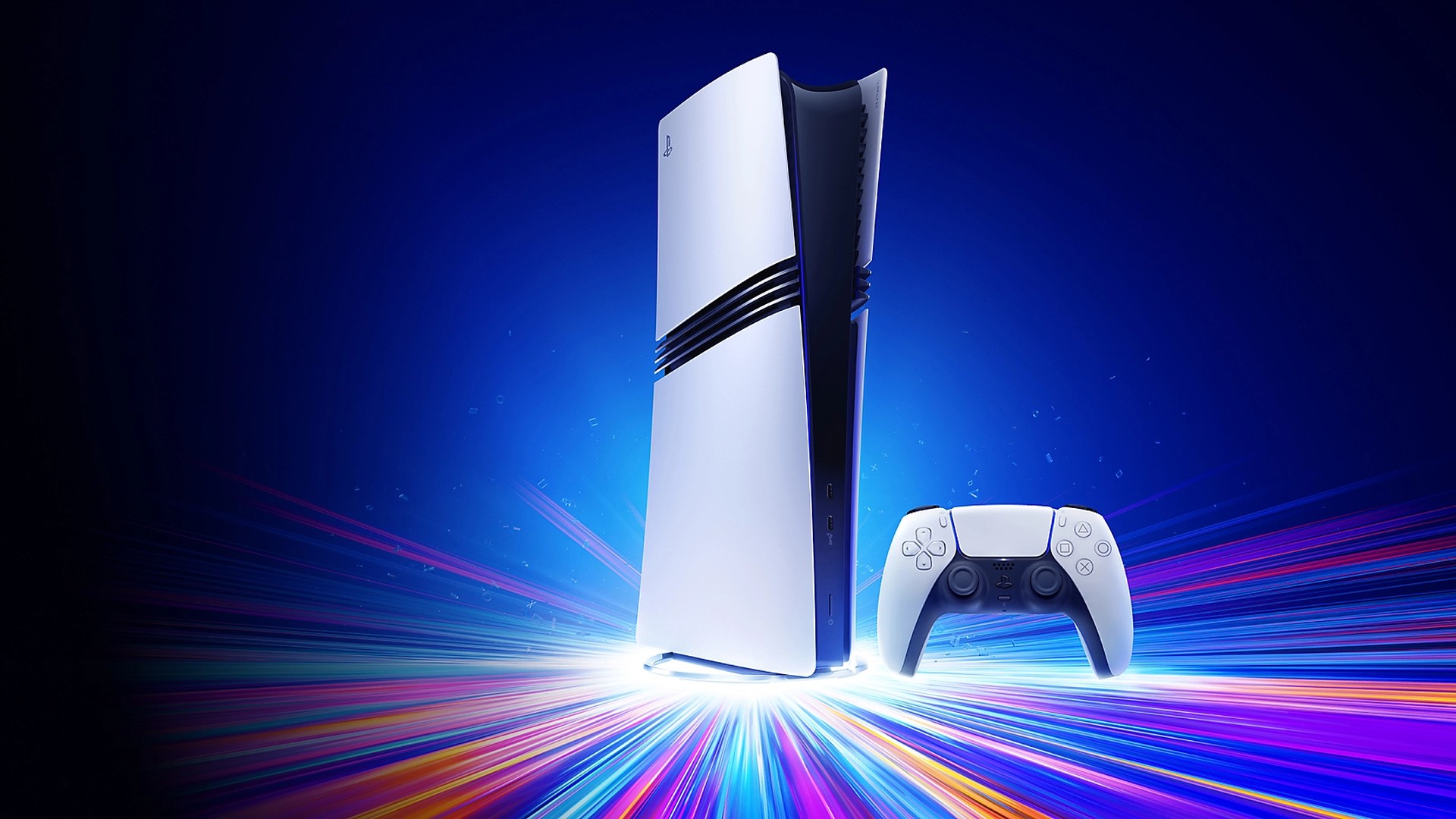 PS5 Pro console standing upright beside a DualSense controller against a blue light burst