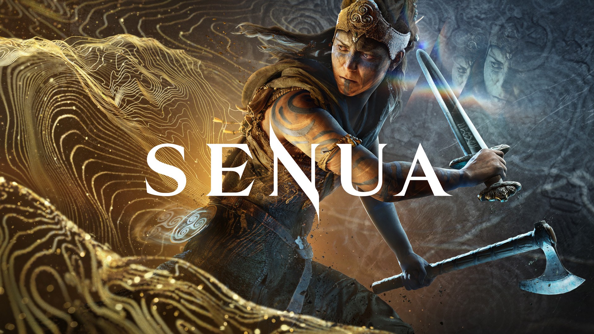 Official Senua key art showing Senua holding a sword and axe against a wave of gold