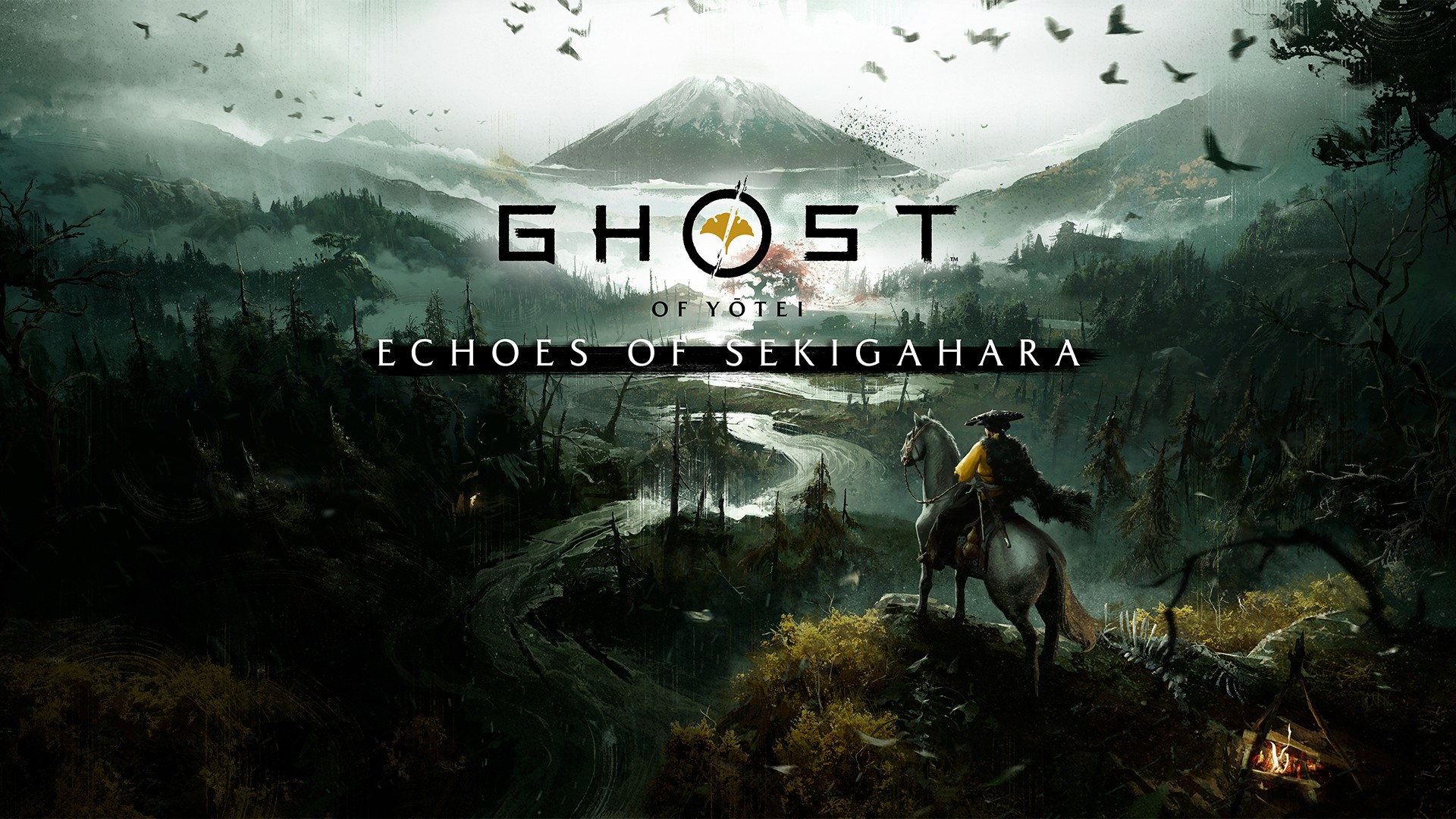 Official Ghost of Yōtei Echoes of Sekigahara key art with Atsu on horseback overlooking Mount Yōtei