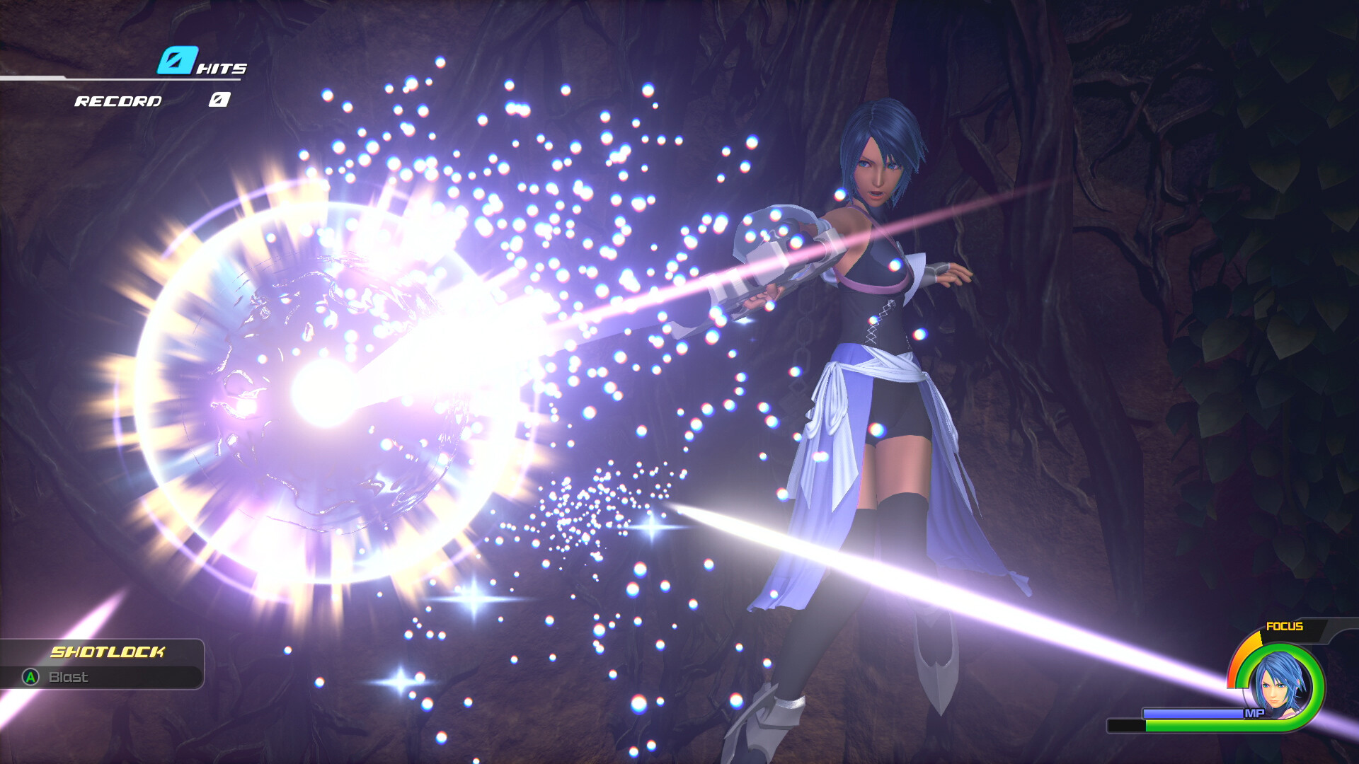 Official Kingdom Hearts 0.2 Birth by Sleep A fragmentary passage screenshot of Aqua firing a Shotlock at a cluster of enemies