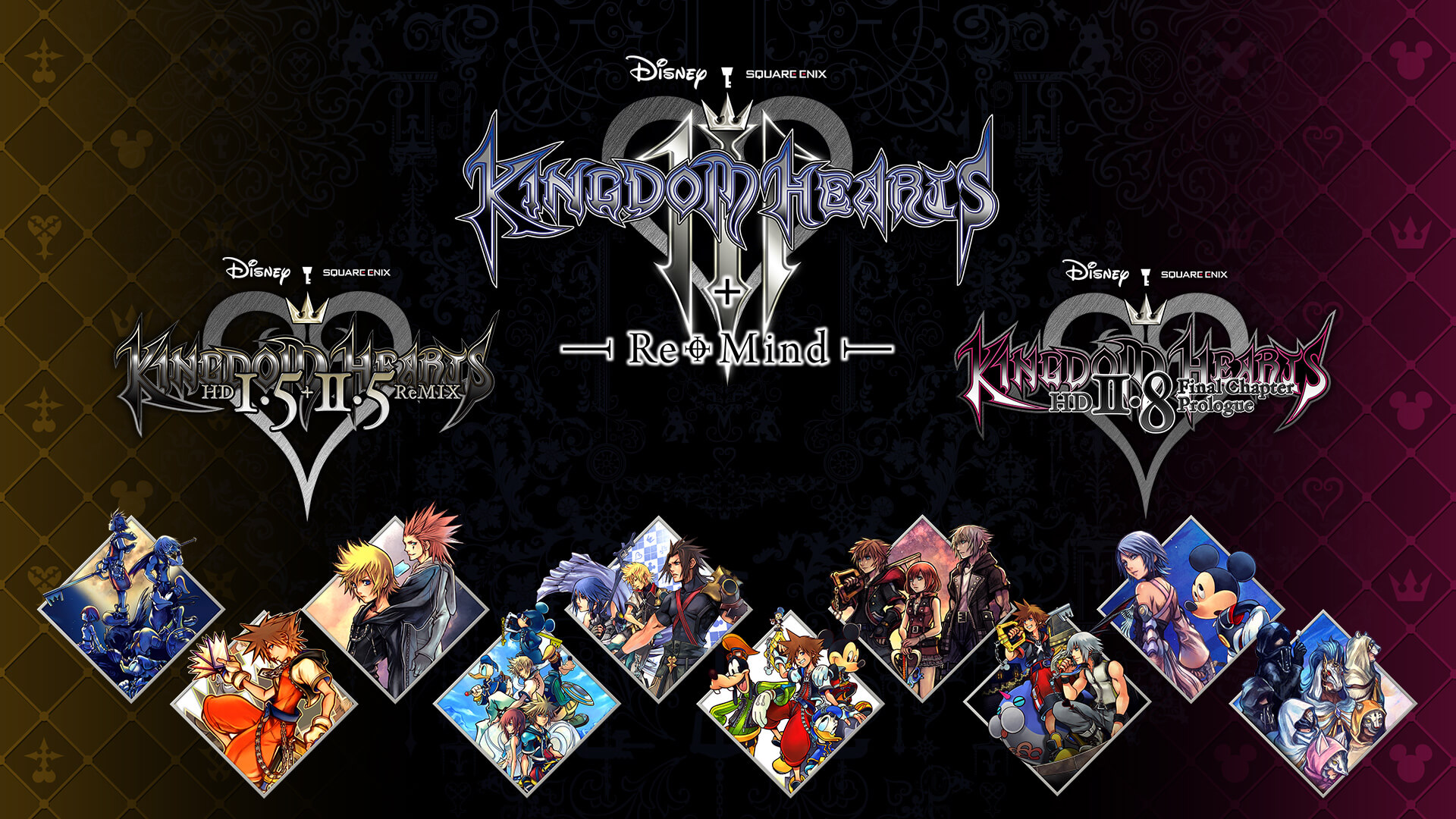 Official Kingdom Hearts Collection I-III key art showing the HD 1.5+2.5 ReMIX, Kingdom Hearts III + Re Mind and HD 2.8 Final Chapter Prologue logos above character portraits