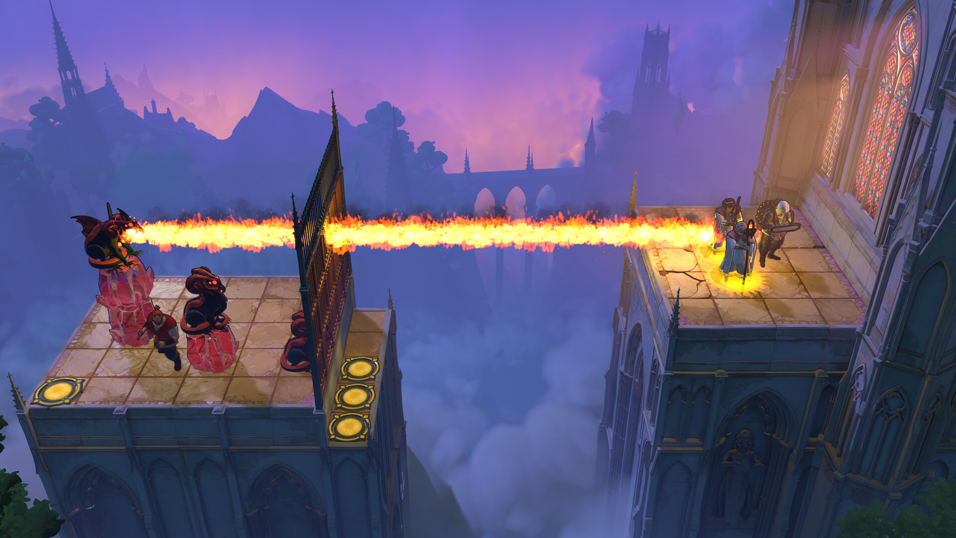 Order of the Sinking Star screenshot of a dragon breathing a line of fire across a gap between two castle towers toward a group of heroes