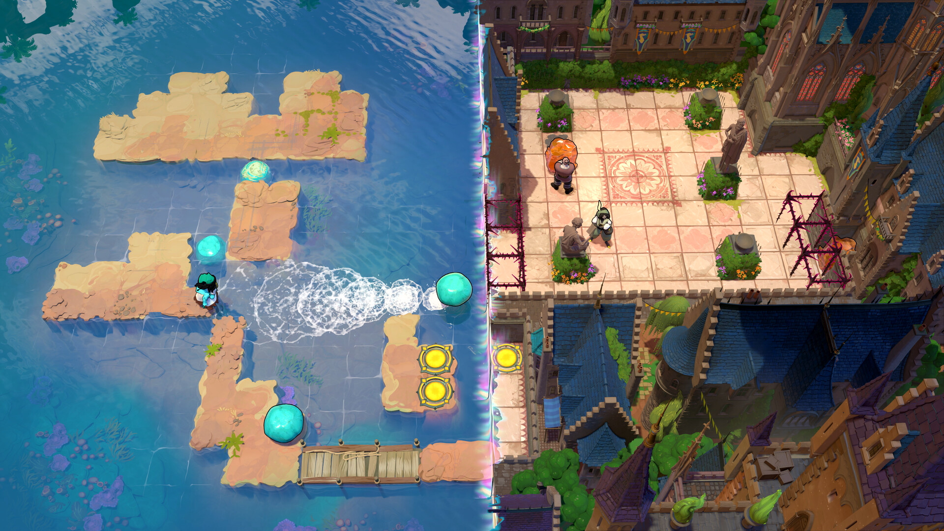 Order of the Sinking Star screenshot showing a stone-skipping water puzzle meeting a castle courtyard puzzle at the border between two worlds
