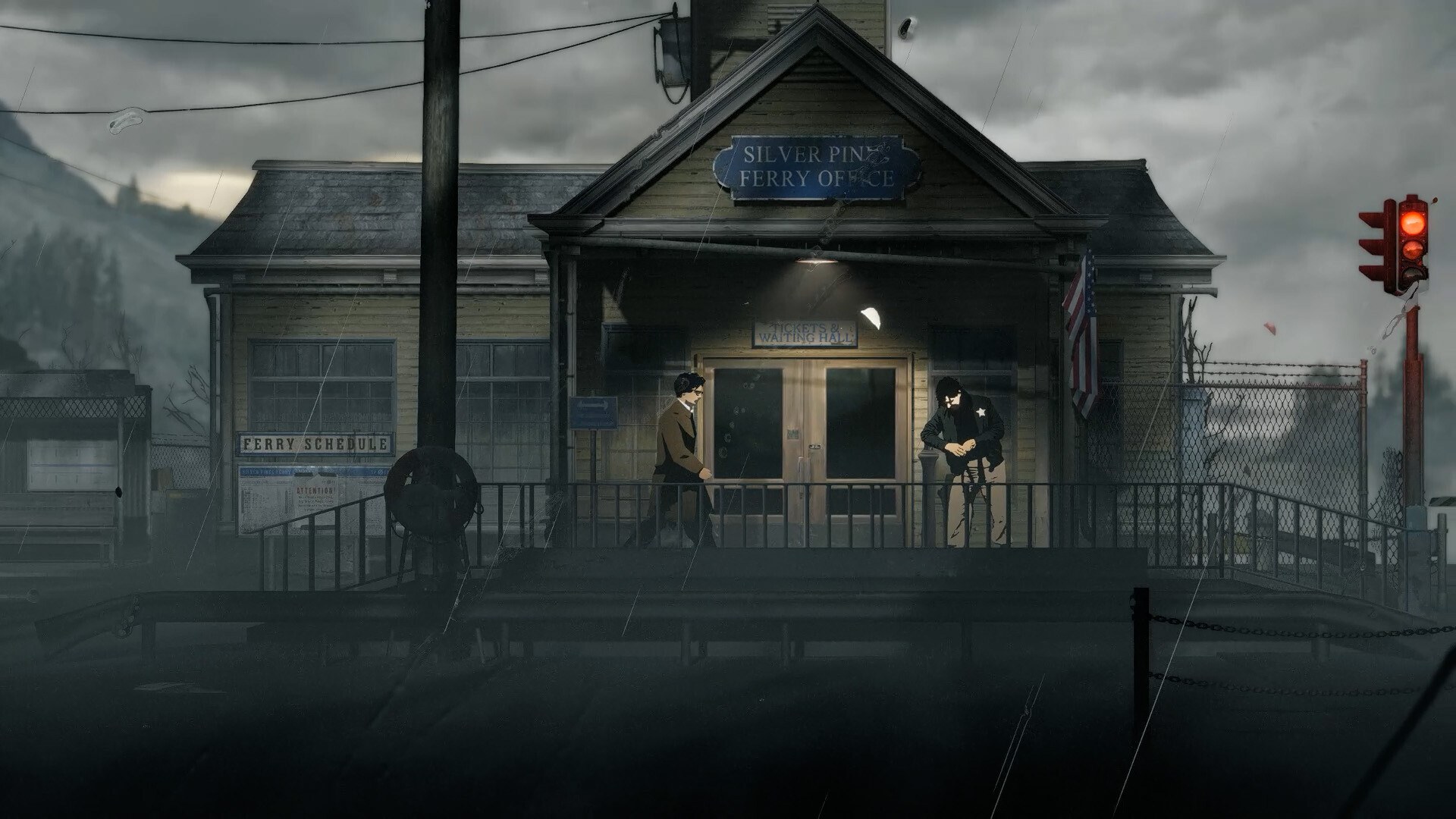 Silver Pines screenshot of Red Walker outside the Silver Pines police station on a dark, stormy street