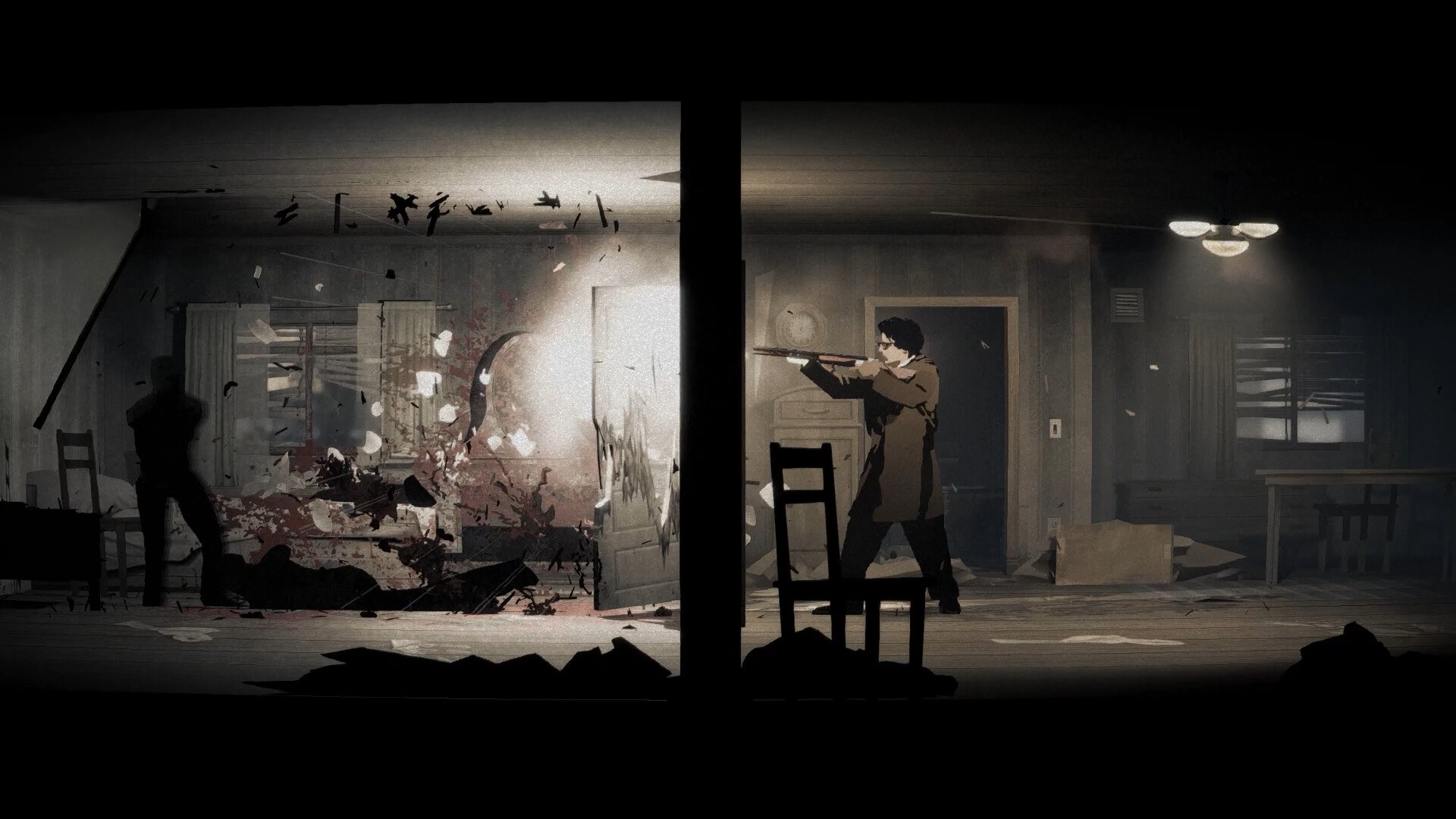 Silver Pines screenshot of Red Walker firing a shotgun at a shadowy creature inside a wrecked diner